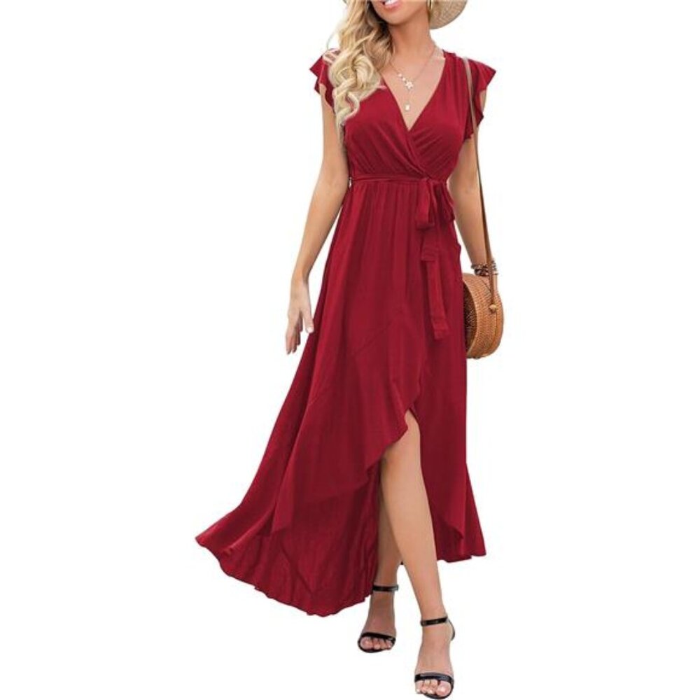 Women's Spring Summer Boho Floral Print V-Neck Faux Wrap Maxi Dress